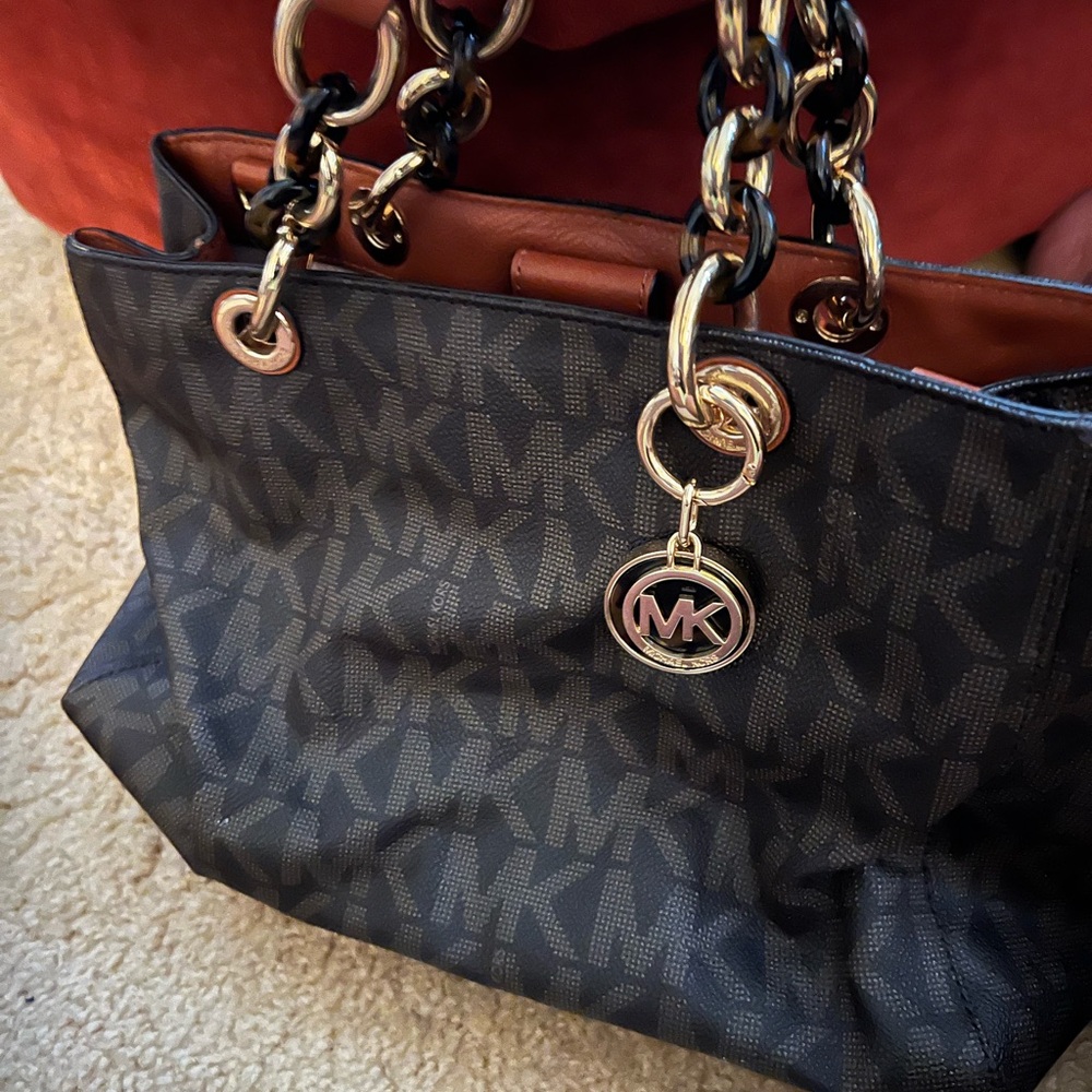 Michael Kors Black and Brown Signature MK Tote with Gold Accents